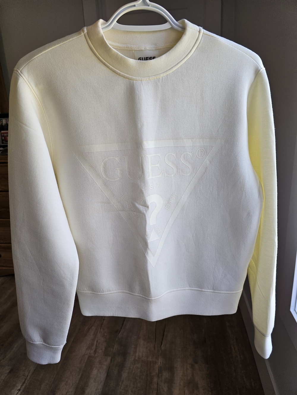 Guess Women's Cream/Off-White Embossed Logo Crewneck Sweater